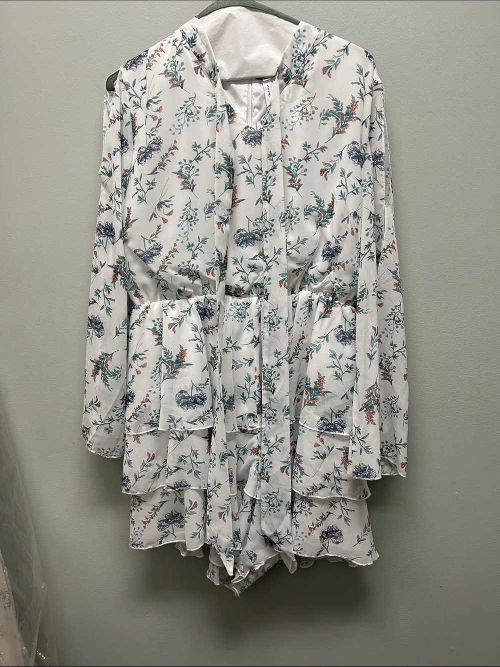 Avantlook White Floral Tie-Waist Tiered Long Sleeve Dress